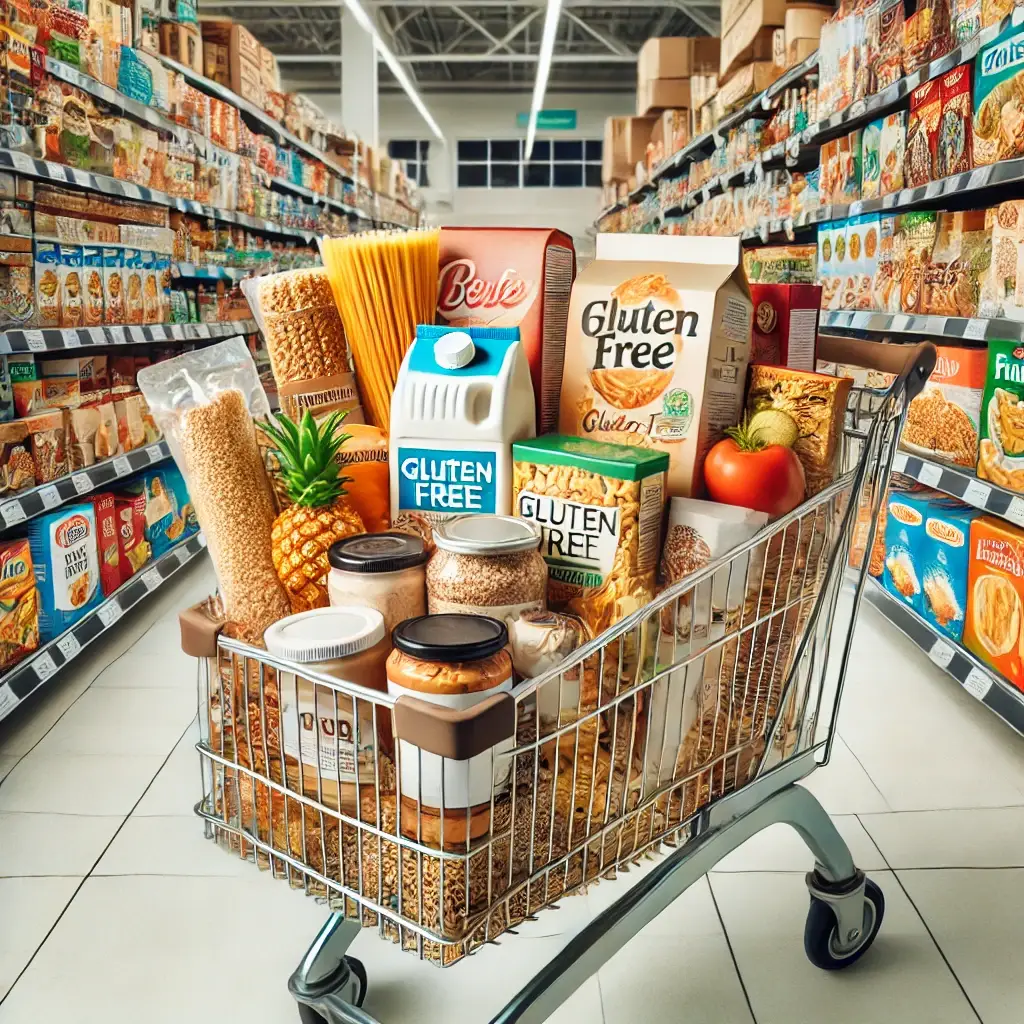 Indkøbsvogn fuldt med glutenfrie produkter.